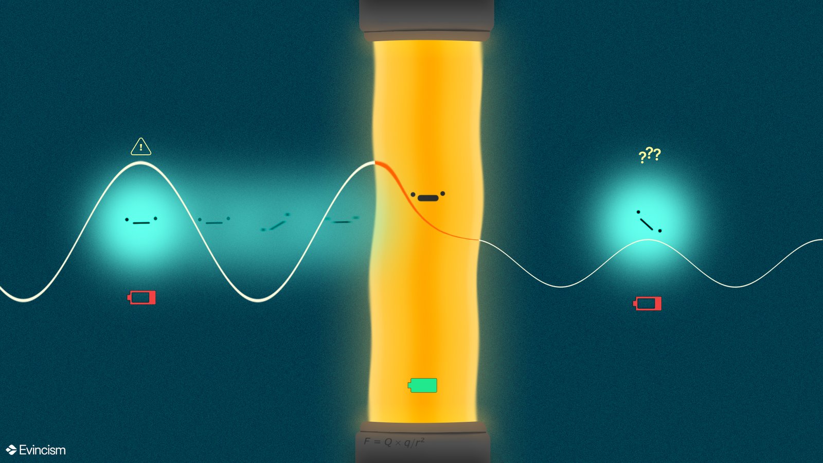 a blue particle with a comical neutral expression shown going across an yellow colored energy barrier