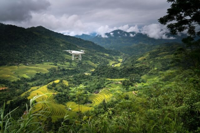 drone flying over an agricultural land