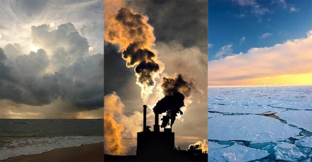 stormy weather over oceans, toxic gases emerging from factories, melting glaciers due to global warming