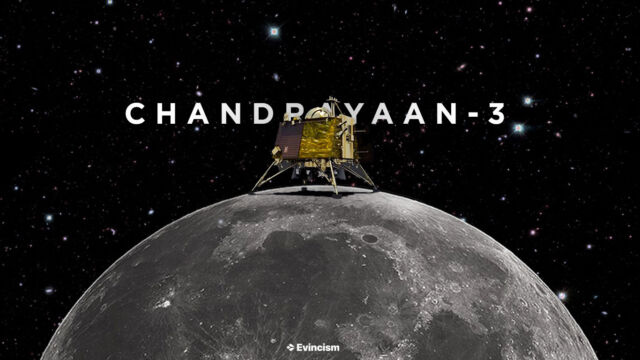graphic featuring chandrayaan-3 landed on top of moon, with the text chandrayaan-3 written behind