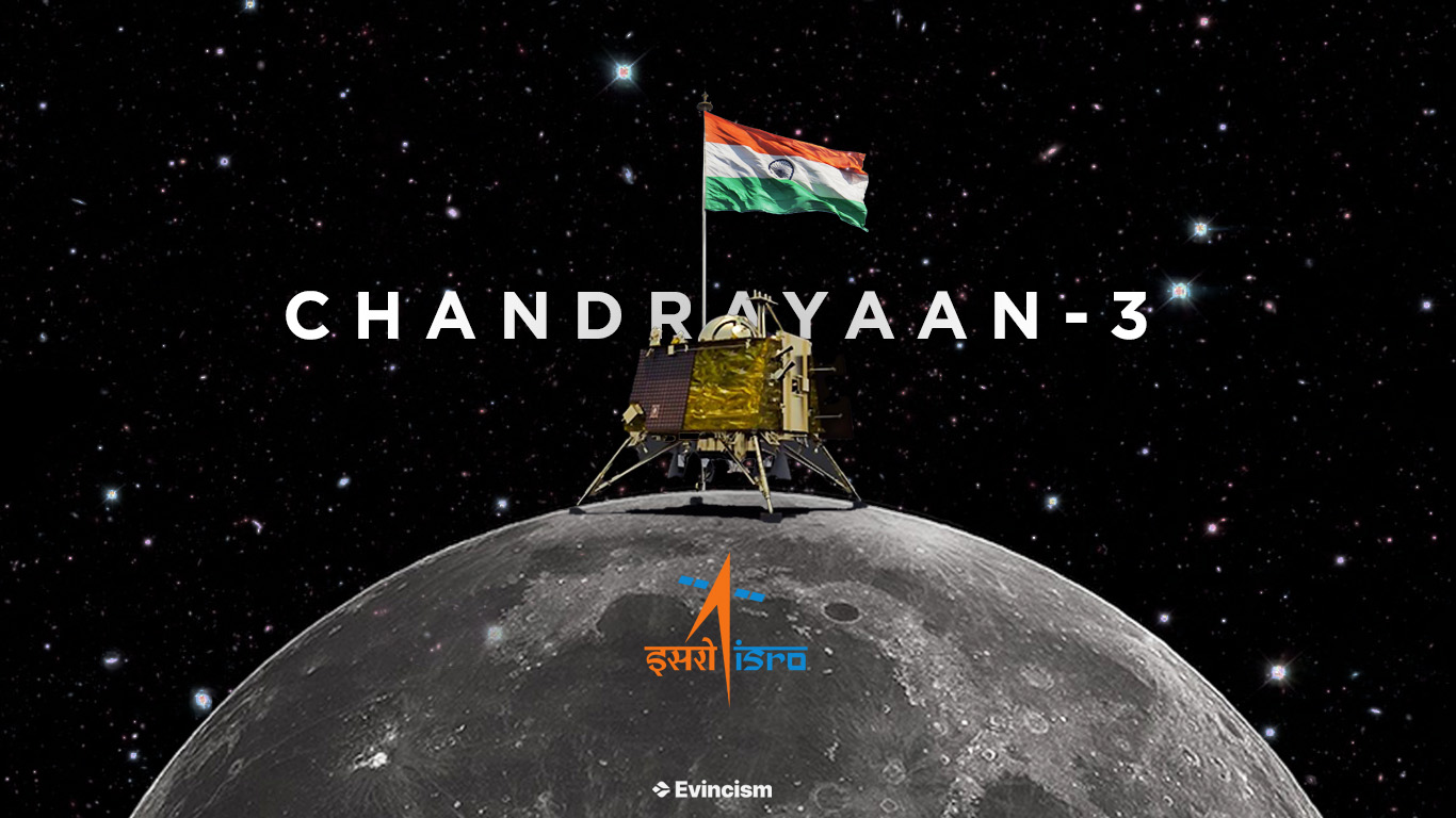 graphic featuring chandrayaan-3 on top of moon, ISRO's logo at the bottom, with the Indian Flag and the text "chandrayaan-3" written behind