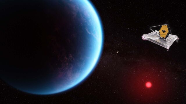 illustrative graphic of exoplanet k2-18b around it's host red dwarf star, with a cutout of James Webb Space Telescope at the top right, pointing at the exoplanet