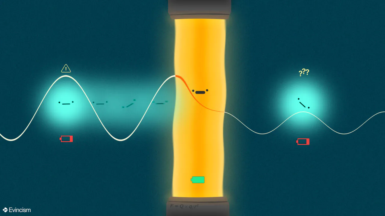 a blue particle with a comical neutral expression shown going across an yellow colored energy barrier