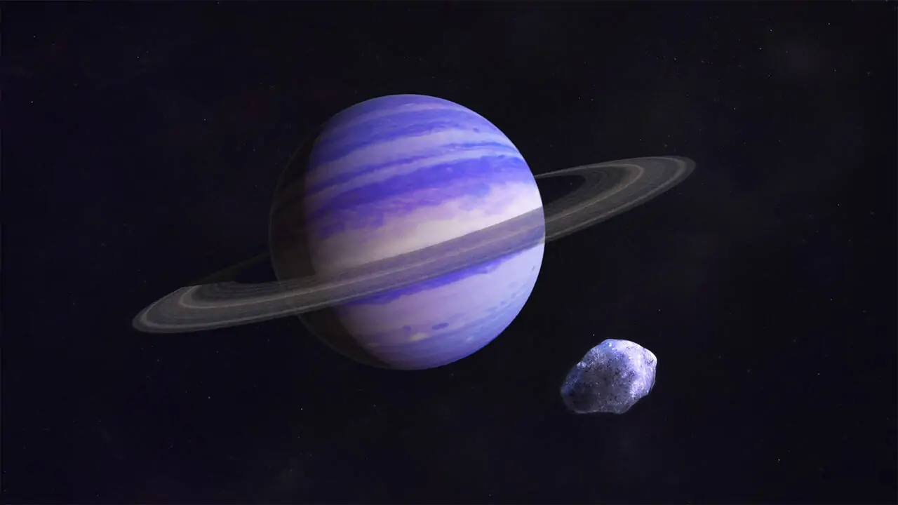 a planet with rings and an asteroid around